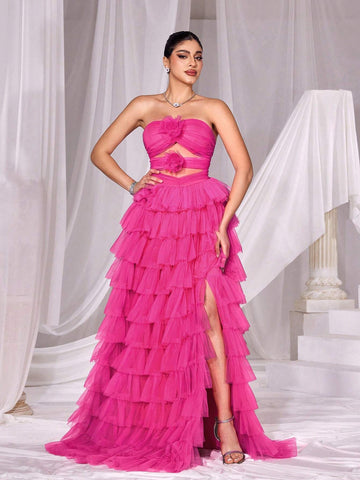 Cut Out Front Layered Mesh Tube Cake Dress