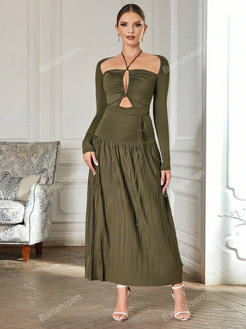Cut Out Tie Back Halter Neck Pleated Hem Dress