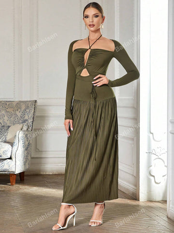 Cut Out Tie Back Halter Neck Pleated Hem Dress
