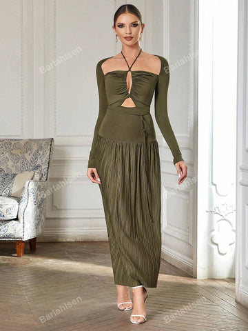 Cut Out Tie Back Halter Neck Pleated Hem Dress
