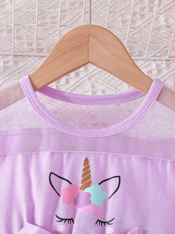 Cute And Charming Young Girl's Summer New Arrival Princess Dress With Unicorn Print, Bow Tie, Puff Sleeves And Mesh Skirt