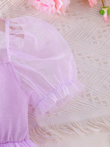 Cute And Graceful Young Girl's Summer New Arrival Unicorn Patterned Short Sleeve Puff Princess Dress With Bow Knot