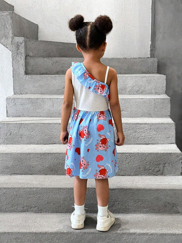 Cute And Sweet Sleeveless Blue Dress With Salamander Pattern, Ruffled Waist Design And One Shoulder, Perfect For Summer, Holidays, Children's Day, Amusement Parks, And Birthdays, Suitable For Toddler Girls
