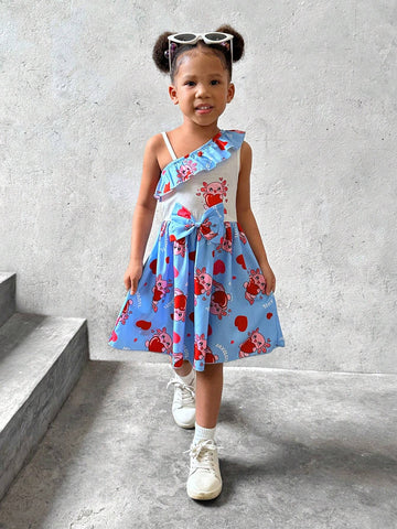 Cute And Sweet Sleeveless Blue Dress With Salamander Pattern, Ruffled Waist Design And One Shoulder, Perfect For Summer, Holidays, Children's Day, Amusement Parks, And Birthdays, Suitable For Toddler Girls
