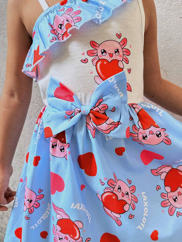 Cute And Sweet Sleeveless Blue Dress With Salamander Pattern, Ruffled Waist Design And One Shoulder, Perfect For Summer, Holidays, Children's Day, Amusement Parks, And Birthdays, Suitable For Toddler Girls