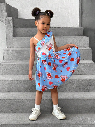 Cute And Sweet Sleeveless Blue Dress With Salamander Pattern, Ruffled Waist Design And One Shoulder, Perfect For Summer, Holidays, Children's Day, Amusement Parks, And Birthdays, Suitable For Toddler Girls