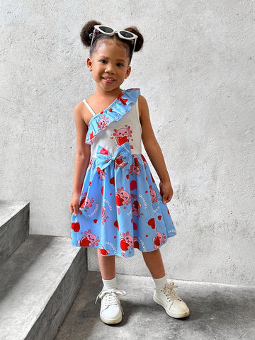 Cute And Sweet Sleeveless Blue Dress With Salamander Pattern, Ruffled Waist Design And One Shoulder, Perfect For Summer, Holidays, Children's Day, Amusement Parks, And Birthdays, Suitable For Toddler Girls
