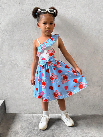 Cute And Sweet Sleeveless Blue Dress With Salamander Pattern, Ruffled Waist Design And One Shoulder, Perfect For Summer, Holidays, Children's Day, Amusement Parks, And Birthdays, Suitable For Toddler Girls