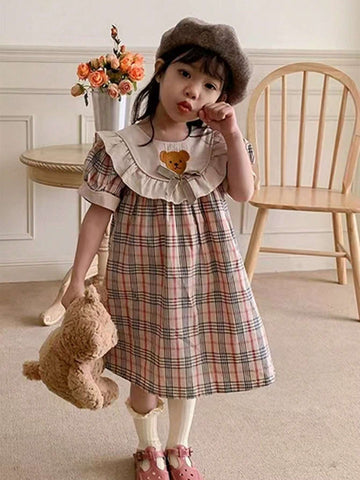 Cute Baby Girls Sleeveless Bear Embroidery Plaid Dress, Summer Young Girl Clothing