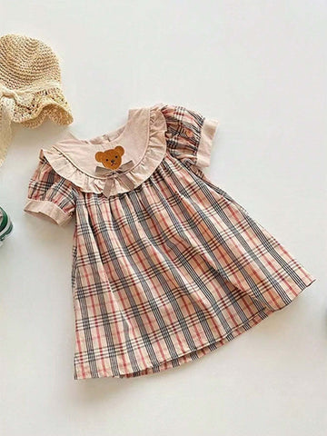 Cute Baby Girls Sleeveless Bear Embroidery Plaid Dress, Summer Young Girl Clothing