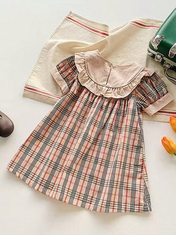 Cute Baby Girls Sleeveless Bear Embroidery Plaid Dress, Summer Young Girl Clothing