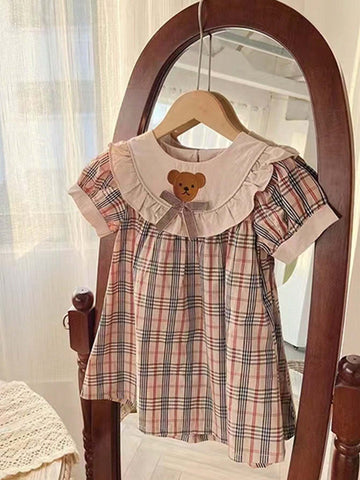 Cute Baby Girls Sleeveless Bear Embroidery Plaid Dress, Summer Young Girl Clothing