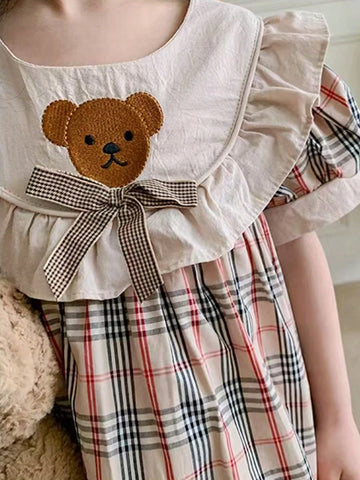 Cute Baby Girls Sleeveless Bear Embroidery Plaid Dress, Summer Young Girl Clothing