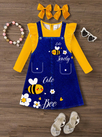 Cute Bee Graphic Print Young Girl Casual Loose Fit Long Sleeve Bodycon Dress, Suitable For Autumn & Winter