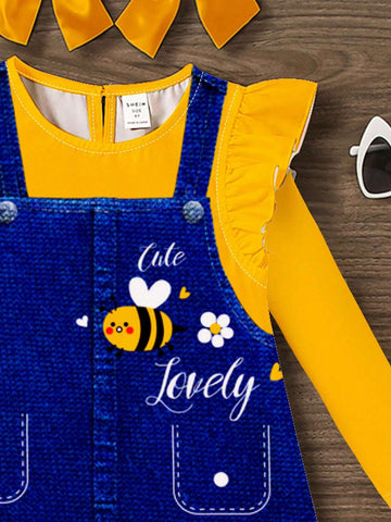 Cute Bee Graphic Print Young Girl Casual Loose Fit Long Sleeve Bodycon Dress, Suitable For Autumn & Winter