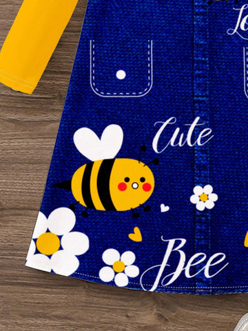 Cute Bee Graphic Print Young Girl Casual Loose Fit Long Sleeve Bodycon Dress, Suitable For Autumn & Winter