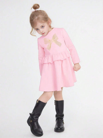 Cute Bow Pattern 100% Cotton Girls Long Sleeve Dress, Sweet & Casual Dresses Ideal For Daily Party Holiday Outings