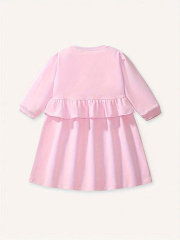 Cute Bow Pattern 100% Cotton Girls Long Sleeve Dress, Sweet & Casual Dresses Ideal For Daily Party Holiday Outings