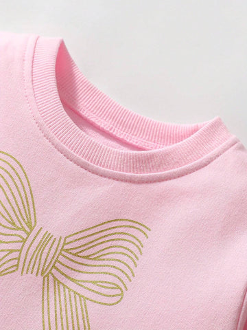 Cute Bow Pattern 100% Cotton Girls Long Sleeve Dress, Sweet & Casual Dresses Ideal For Daily Party Holiday Outings