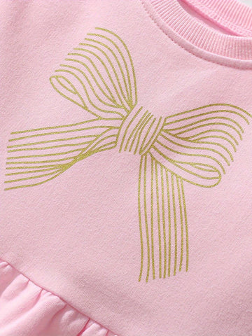 Cute Bow Pattern 100% Cotton Girls Long Sleeve Dress, Sweet & Casual Dresses Ideal For Daily Party Holiday Outings