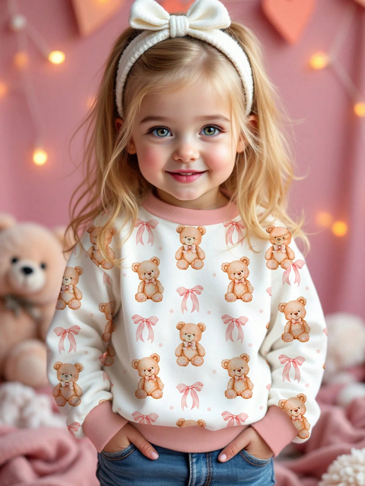 Cute Cartoon Bear, Bow Print, Pink, Young Girls Casual Relaxed Fit Crew Neck Cozy Daily Soft Knit Long Sleeve Sweatshirt, Suitable For Autumn/Winter