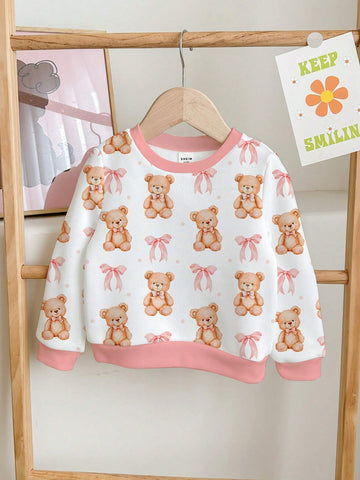 Cute Cartoon Bear, Bow Print, Pink, Young Girls Casual Relaxed Fit Crew Neck Cozy Daily Soft Knit Long Sleeve Sweatshirt, Suitable For Autumn/Winter