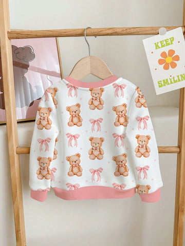 Cute Cartoon Bear, Bow Print, Pink, Young Girls Casual Relaxed Fit Crew Neck Cozy Daily Soft Knit Long Sleeve Sweatshirt, Suitable For Autumn/Winter