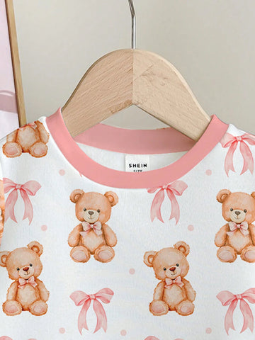 Cute Cartoon Bear, Bow Print, Pink, Young Girls Casual Relaxed Fit Crew Neck Cozy Daily Soft Knit Long Sleeve Sweatshirt, Suitable For Autumn/Winter