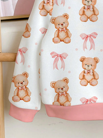 Cute Cartoon Bear, Bow Print, Pink, Young Girls Casual Relaxed Fit Crew Neck Cozy Daily Soft Knit Long Sleeve Sweatshirt, Suitable For Autumn/Winter
