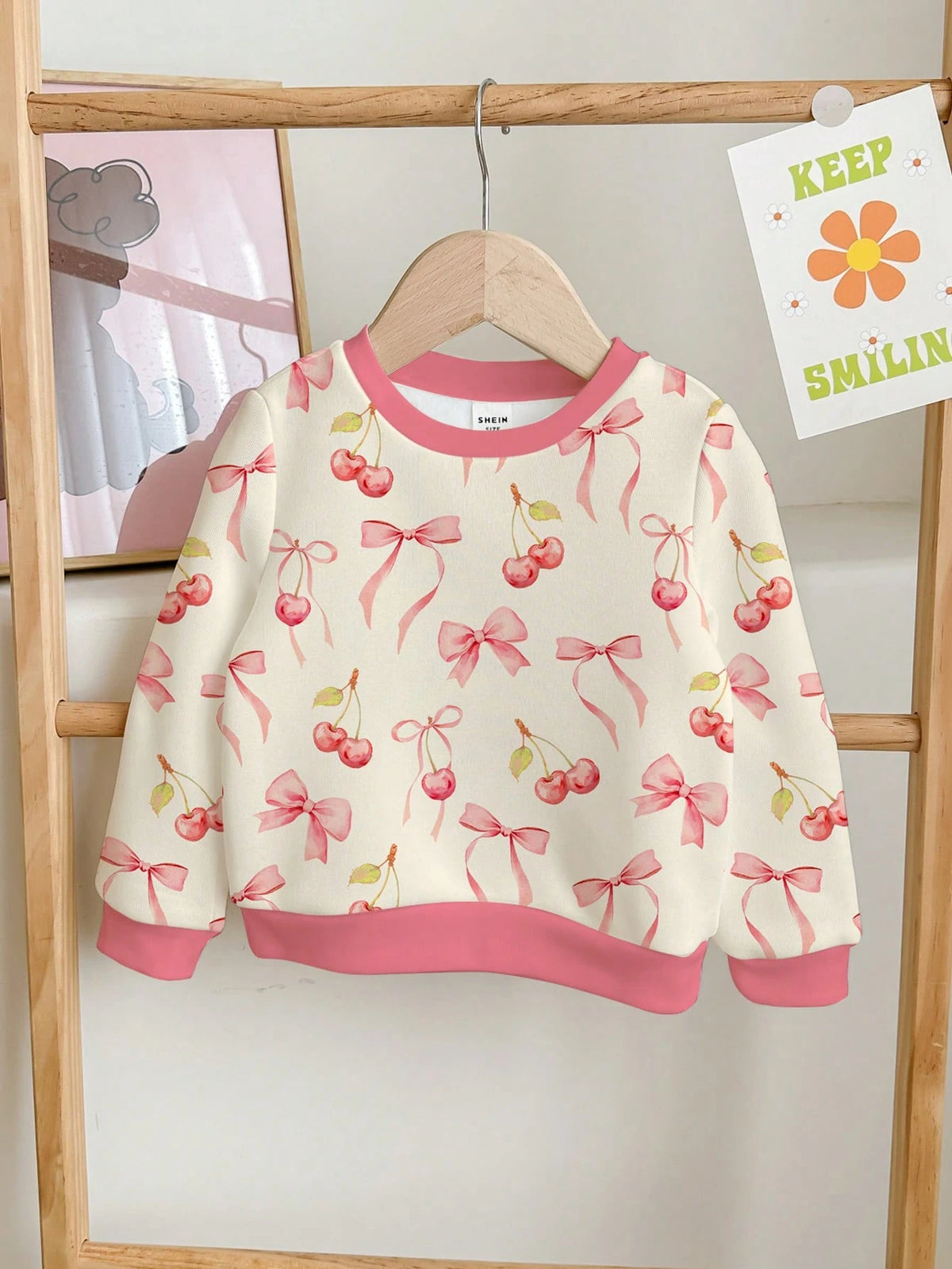Cute Cartoon Cherry & Bow Print, Young Girls Casual Loose Fit Crew Neck Comfortable Everyday Knit Long Sleeve Sweatshirt, Suitable For Autumn/Winter