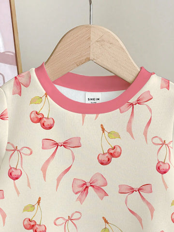 Cute Cartoon Cherry & Bow Print, Young Girls Casual Loose Fit Crew Neck Comfortable Everyday Knit Long Sleeve Sweatshirt, Suitable For Autumn/Winter