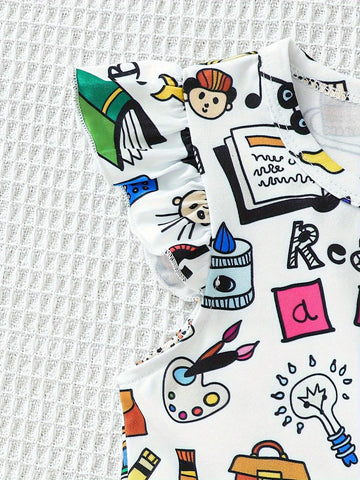 Cute Cartoon Graphic Ruffle Trim Sleeveless Dress For Girls Preppy Summer Schooling Back To School