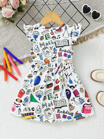 Cute Cartoon Graphic Ruffle Trim Sleeveless Dress For Girls Preppy Summer Schooling Back To School