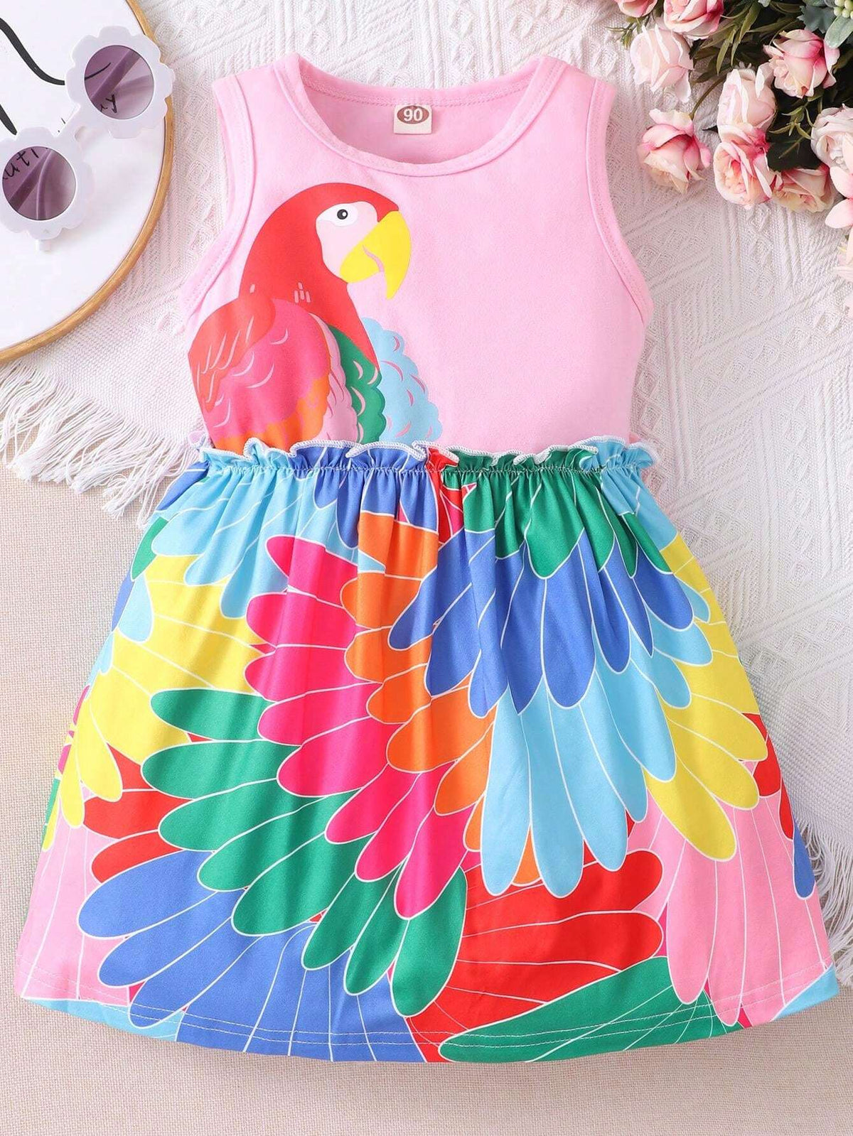 Cute Cartoon Parrot Pattern Sleeveless Round Neck Casual Dress For Little Girls