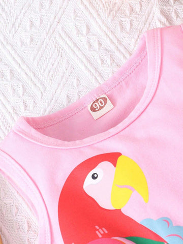 Cute Cartoon Parrot Pattern Sleeveless Round Neck Casual Dress For Little Girls