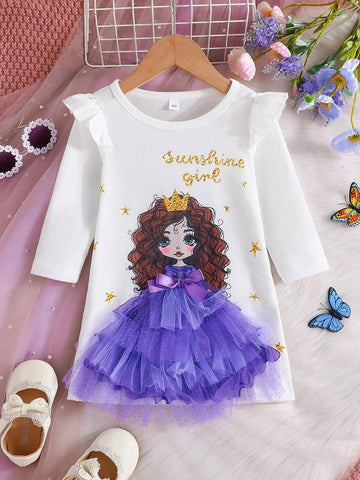 Cute Cartoon Princess Decor Mesh Young Girl Dress