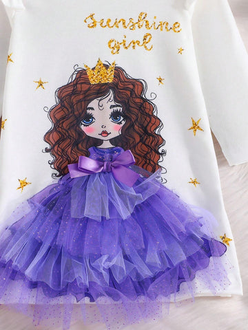 Cute Cartoon Princess Decor Mesh Young Girl Dress