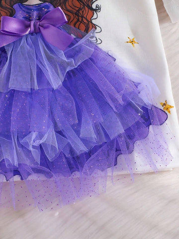 Cute Cartoon Princess Decor Mesh Young Girl Dress