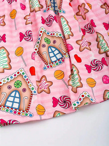 Cute Cartoon Print Young Girl Princess Dress For Christmas Parties And Holidays