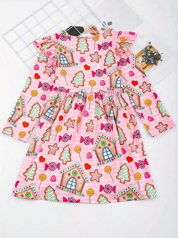 Cute Cartoon Print Young Girl Princess Dress For Christmas Parties And Holidays