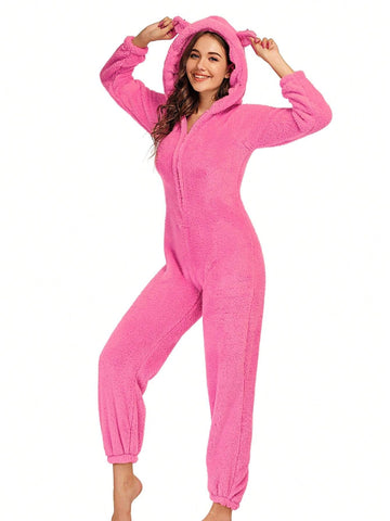 Cute Casual Ear Decor Thick Fleece Hooded Jumpsuit, Autumn/Winter