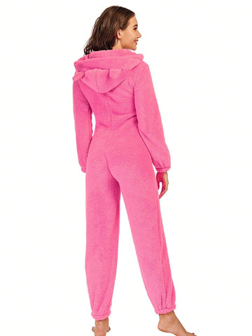 Cute Casual Ear Decor Thick Fleece Hooded Jumpsuit, Autumn/Winter