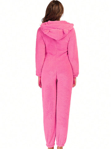 Cute Casual Ear Decor Thick Fleece Hooded Jumpsuit, Autumn/Winter