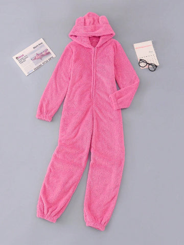Cute Casual Ear Decor Thick Fleece Hooded Jumpsuit, Autumn/Winter