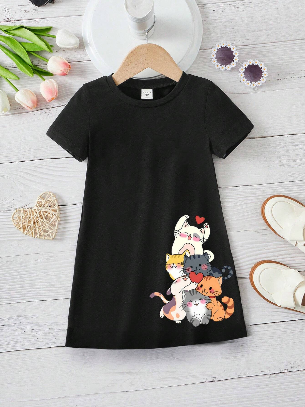 Cute Cat Pattern Short Sleeve Dress For Young Girls, Casual, Suitable For Summer