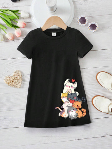Cute Cat Pattern Short Sleeve Dress For Young Girls, Casual, Suitable For Summer