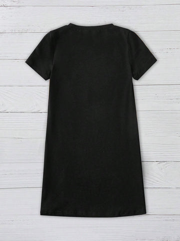 Cute Cat Pattern Short Sleeve Dress For Young Girls, Casual, Suitable For Summer
