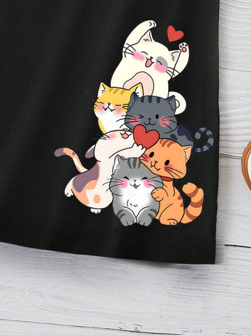 Cute Cat Pattern Short Sleeve Dress For Young Girls, Casual, Suitable For Summer