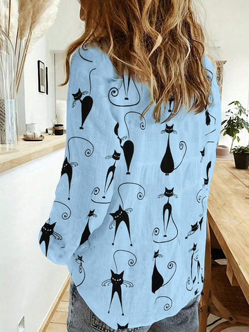 Cute Cat Print Button Front Shirt, Casual Lapel Long Sleeve Shirt, Women's Clothing