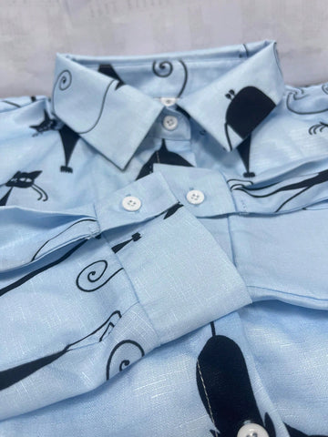 Cute Cat Print Button Front Shirt, Casual Lapel Long Sleeve Shirt, Women's Clothing